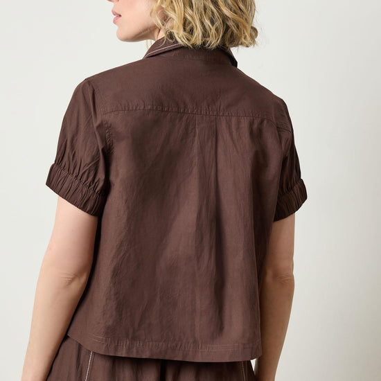 Elastic Cuff Button Down Womens Top Espresso A2