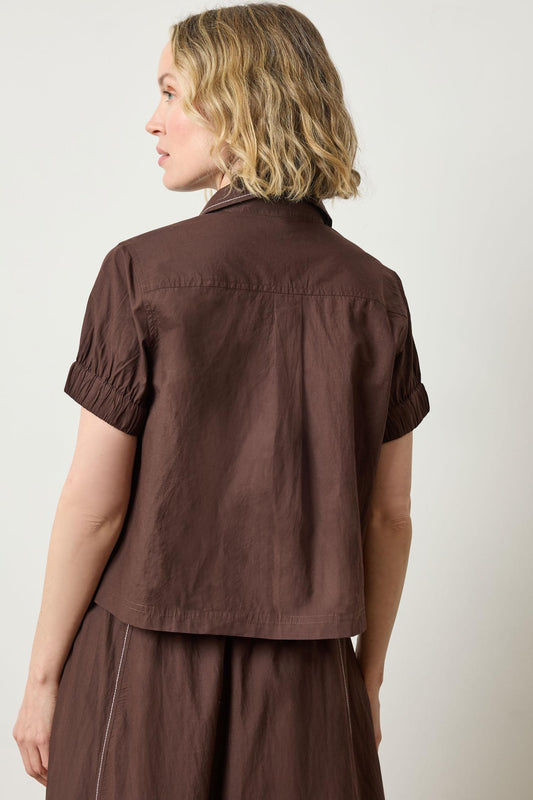 Elastic Cuff Button Down Womens Top Espresso A2