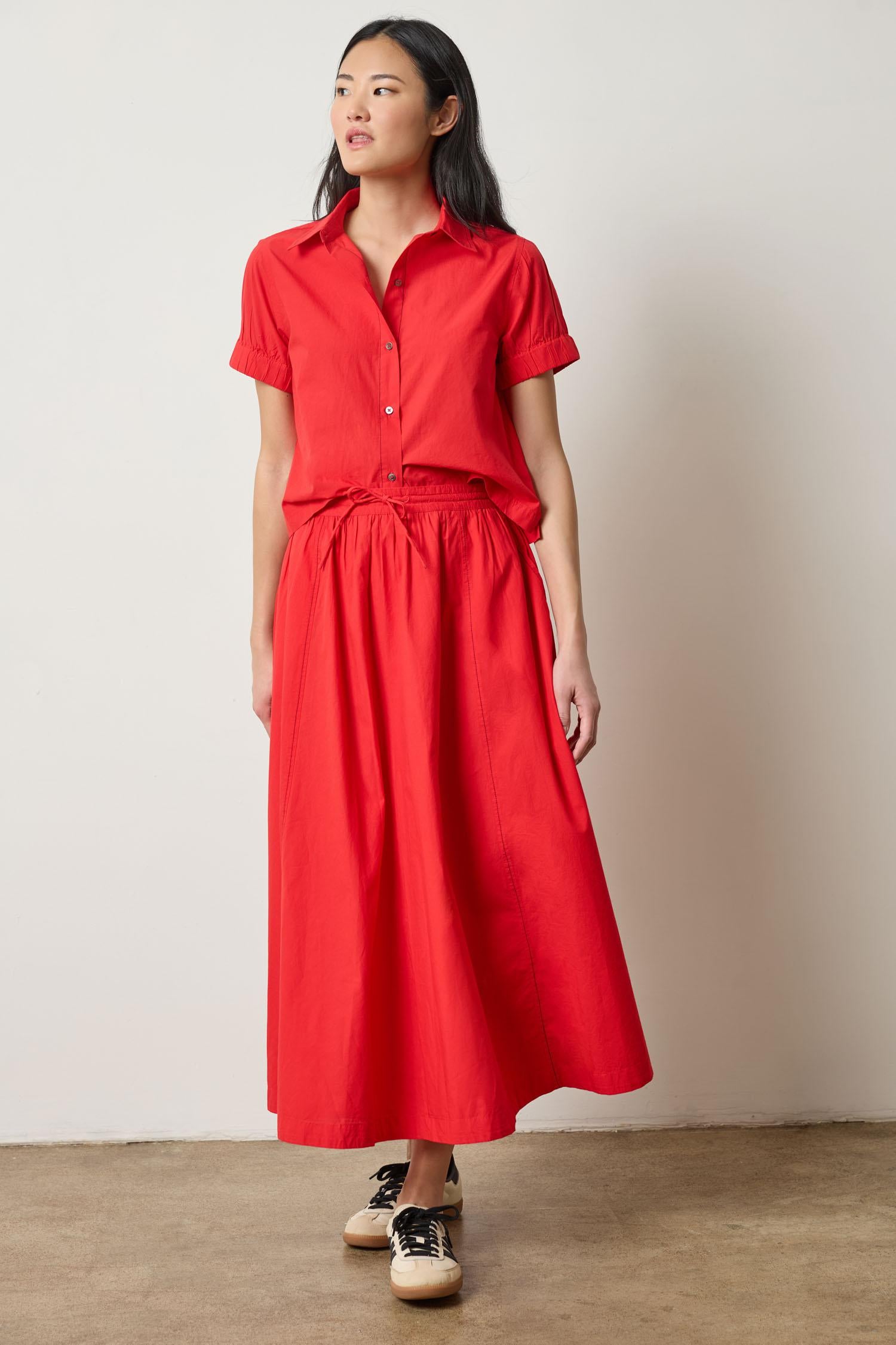 Elastic Cuff Button Down Womens Top Scarlet A0