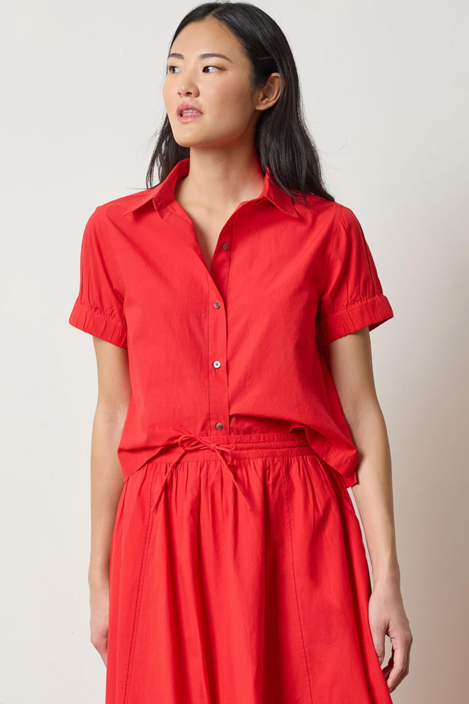 Elastic Cuff Button Down Womens Top Scarlet A1