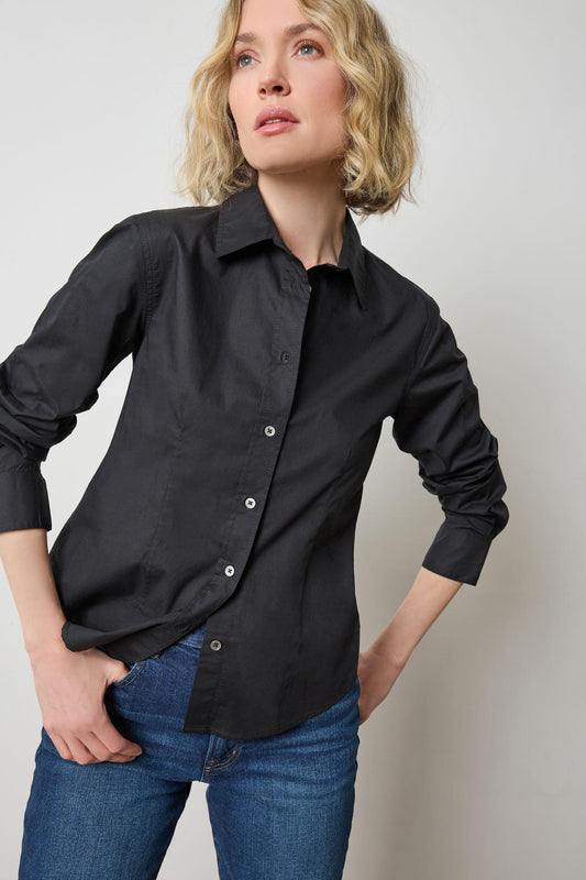 Slim Fit Button Down Womens Top Black A1