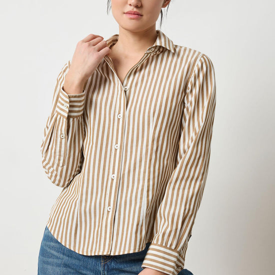 Slim Fit Button Down Womens Top Dijon/Talc Stripe A1