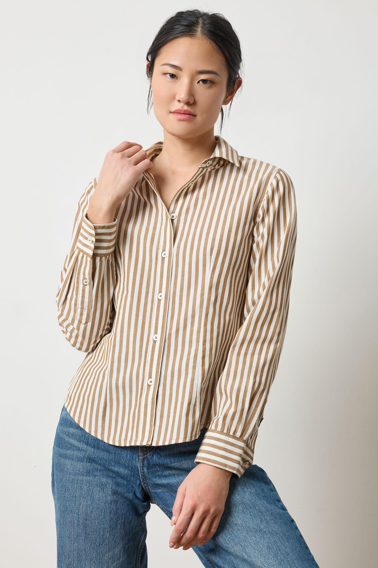 Slim Fit Button Down Womens Top Dijon/Talc Stripe A1