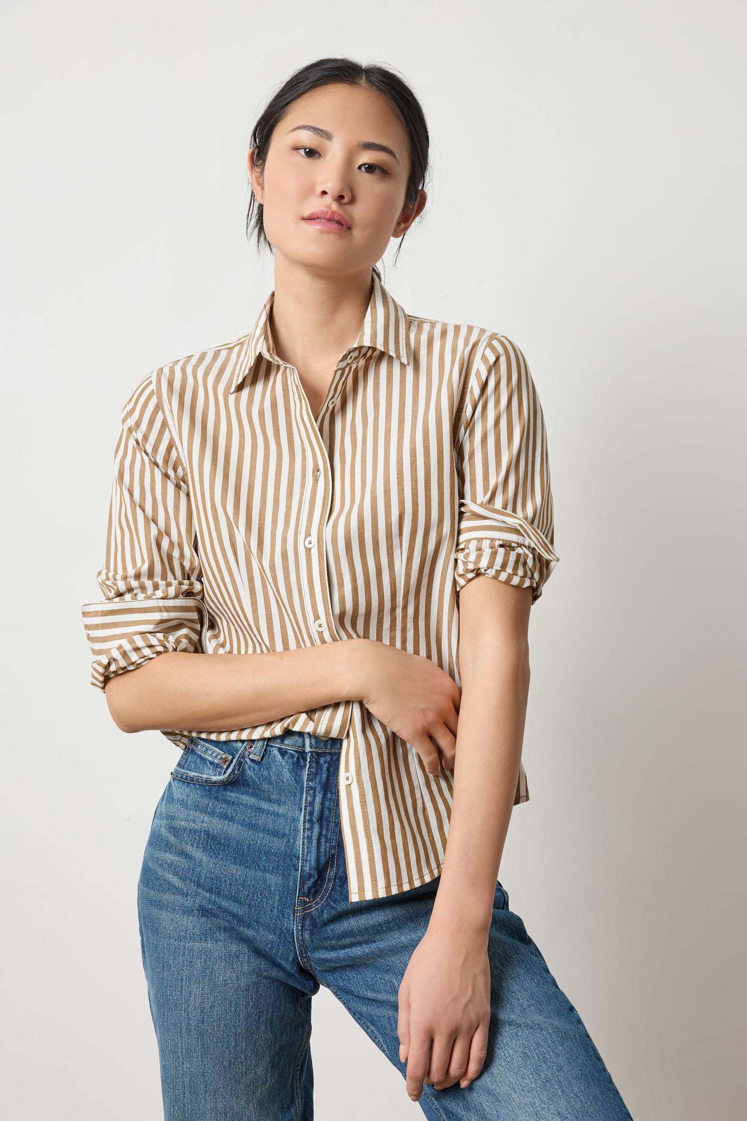 Slim Fit Button Down Womens Top Dijon/Talc Stripe A3