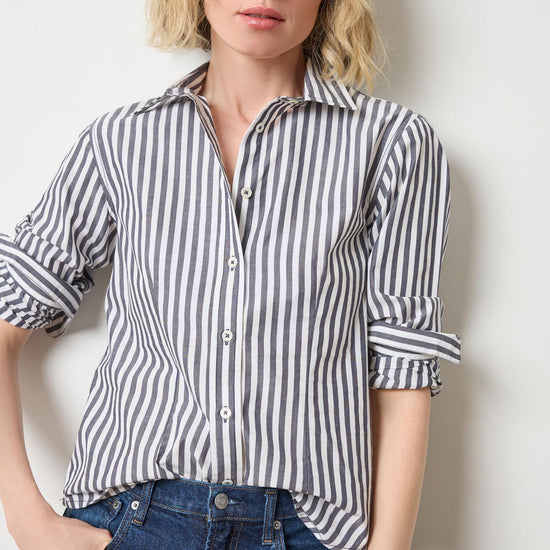 Slim Fit Button Down Womens Top Navy/White Stripe A1