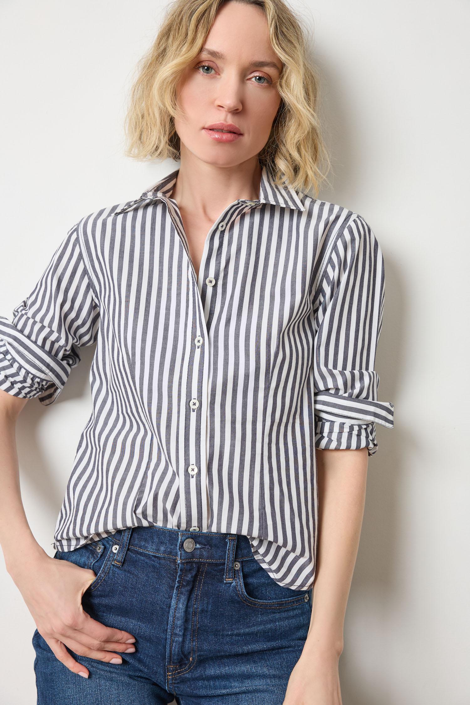 Slim Fit Button Down Womens Top Navy/White Stripe A1
