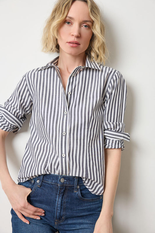 Slim Fit Button Down Womens Top Navy/White Stripe A1