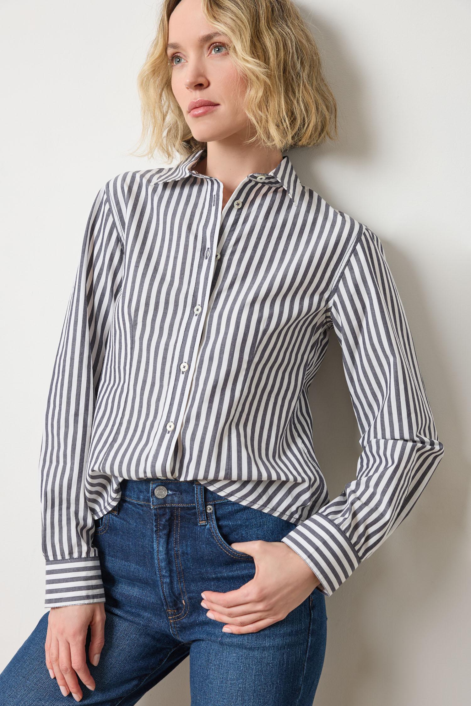 Slim Fit Button Down Womens Top Navy/White Stripe A3