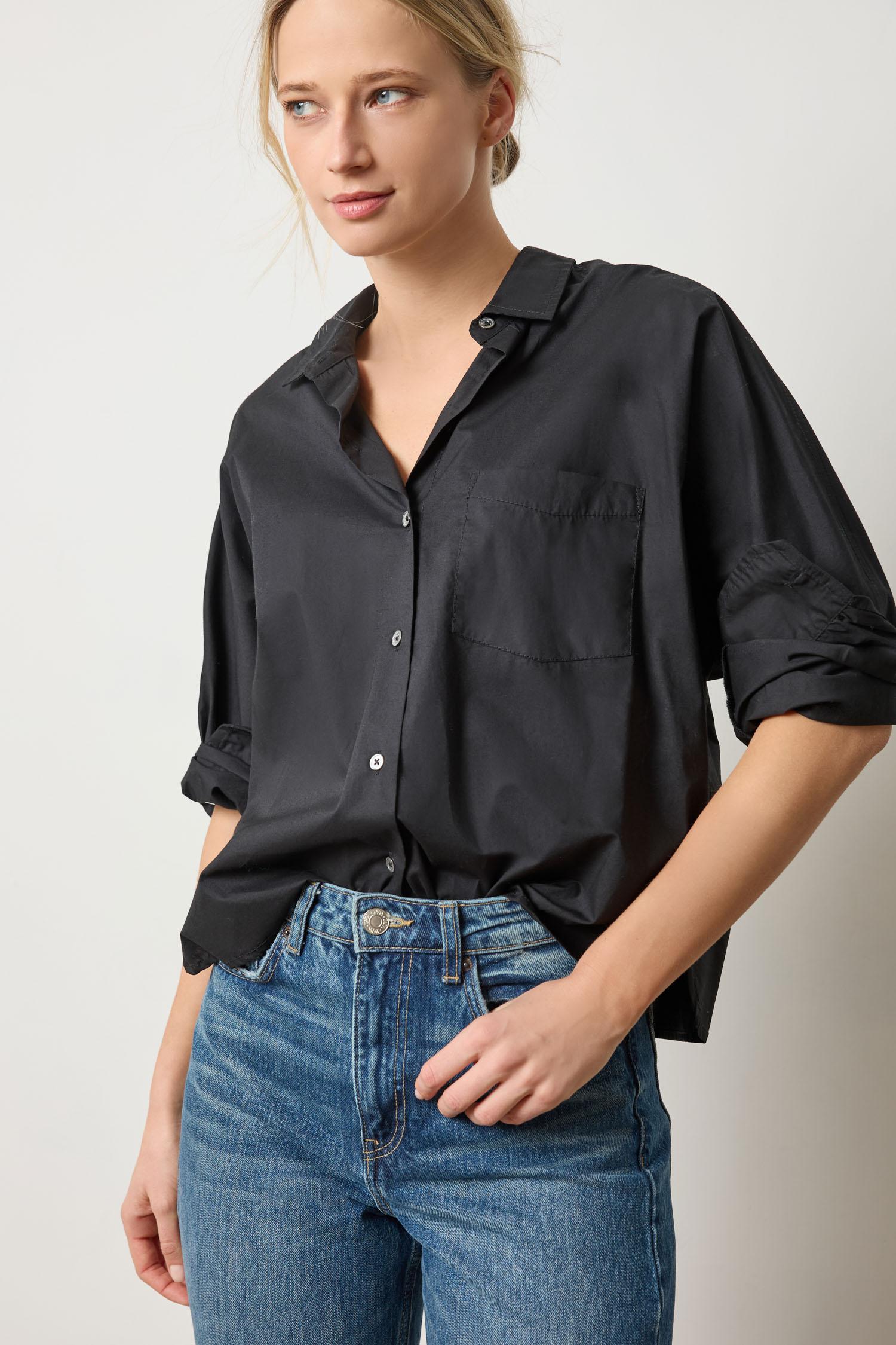 Dolman Sleeve Button Down Shirt Womens Top Black A1