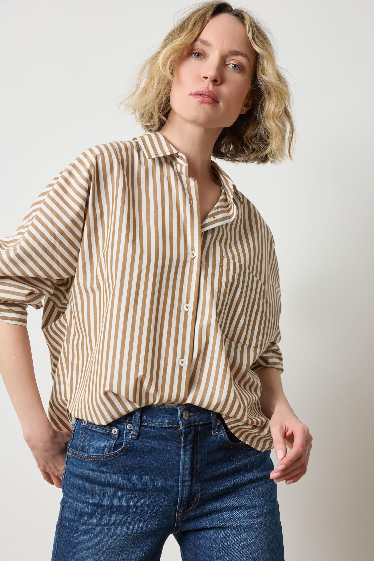 Dolman Sleeve Button Down Shirt Womens Top Dijon/Talc Stripe A1