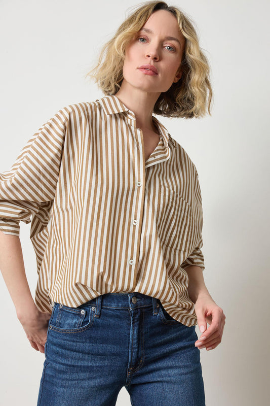 Dolman Sleeve Button Down Shirt in color Dijon/Talc Stripe Image A1