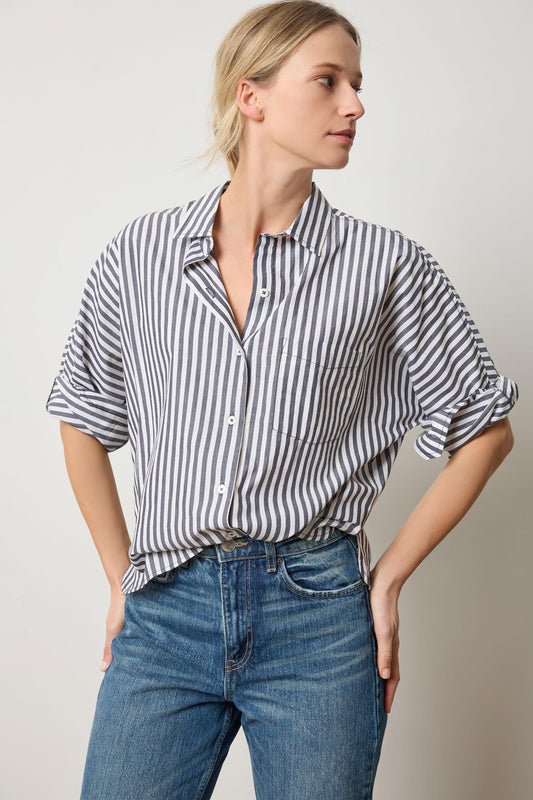 Dolman Sleeve Button Down Shirt Womens Top Navy/White Stripe A1