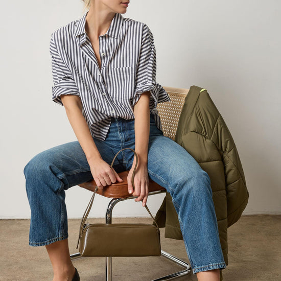 Dolman Sleeve Button Down Shirt Womens Top Navy/White Stripe A5