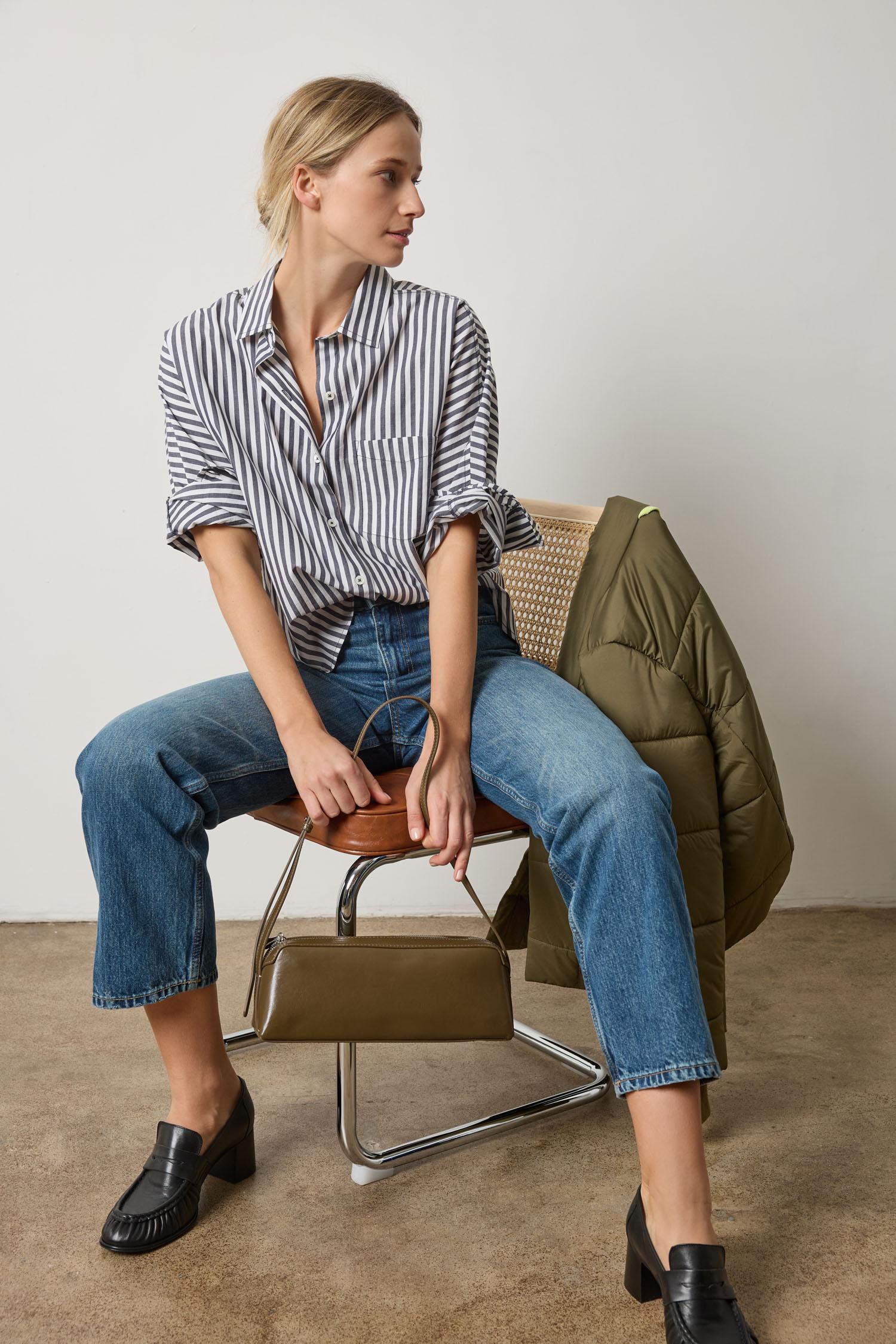 Dolman Sleeve Button Down Shirt Womens Top Navy/White Stripe A5