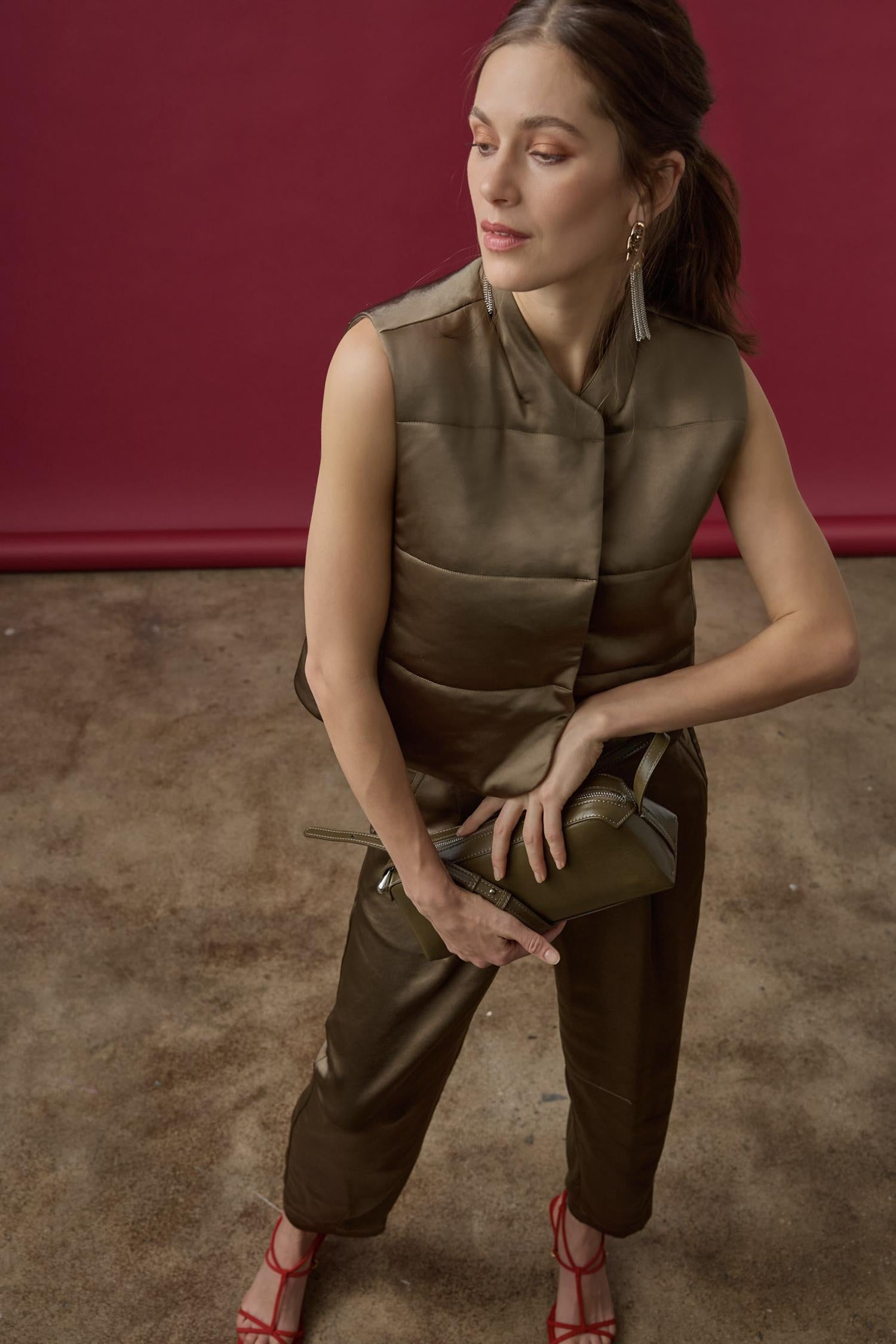 Satin Quilted Vest in color Parsley Image C0