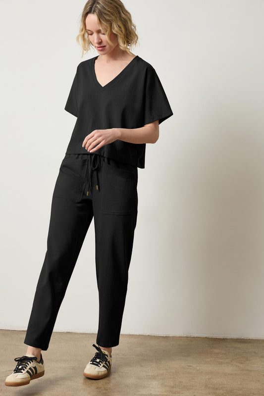 Short Sleeve V-Neck Dolman Womens Top Black A0