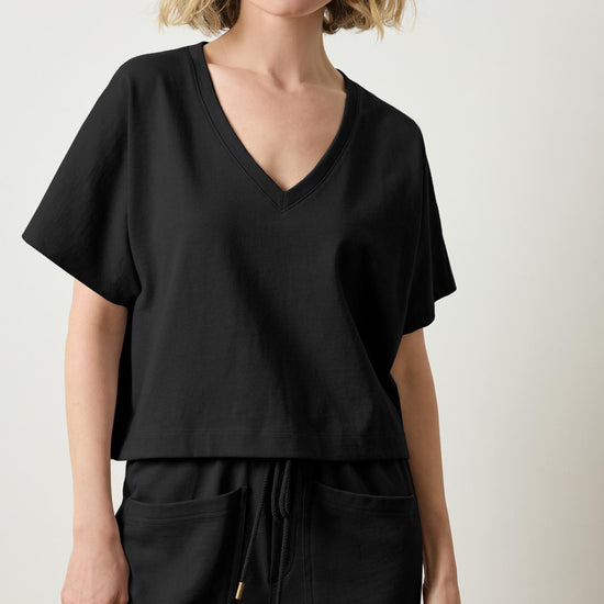 Short Sleeve V-Neck Dolman Womens Top Black A1