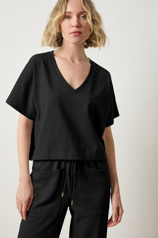 Short Sleeve V-Neck Dolman Womens Top Black A1