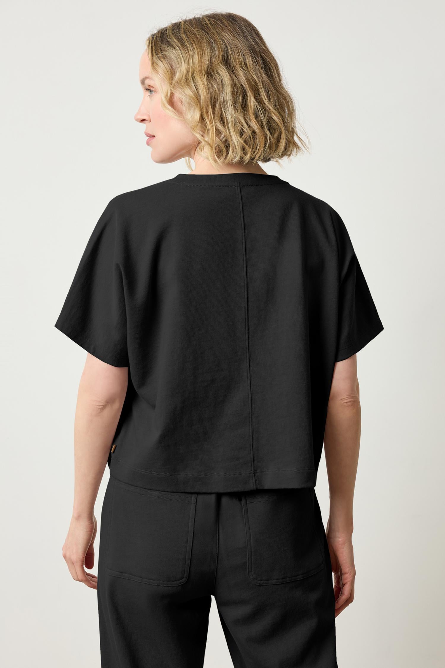 Short Sleeve V-Neck Dolman Womens Top Black A2