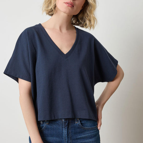 Short Sleeve V-Neck Dolman Womens Top Navy A1