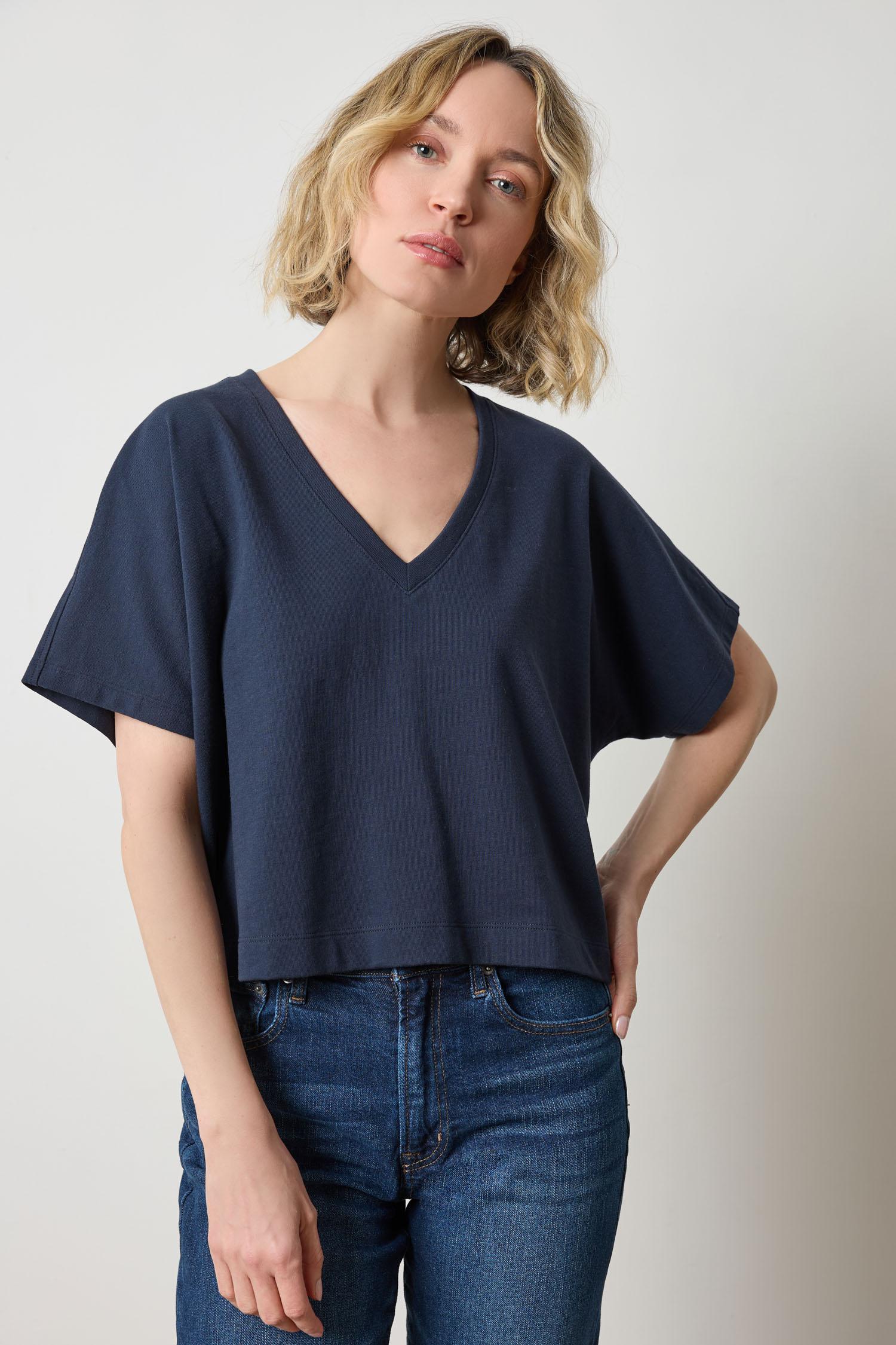 Short Sleeve V-Neck Dolman Womens Top Navy A1