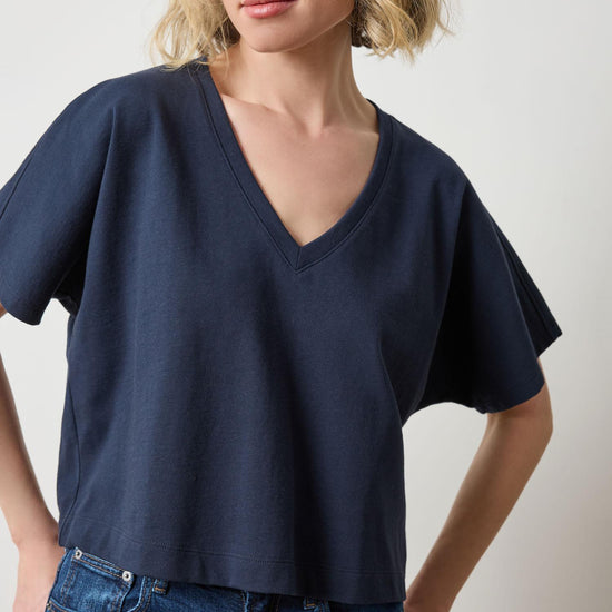 Short Sleeve V-Neck Dolman Womens Top Navy A3