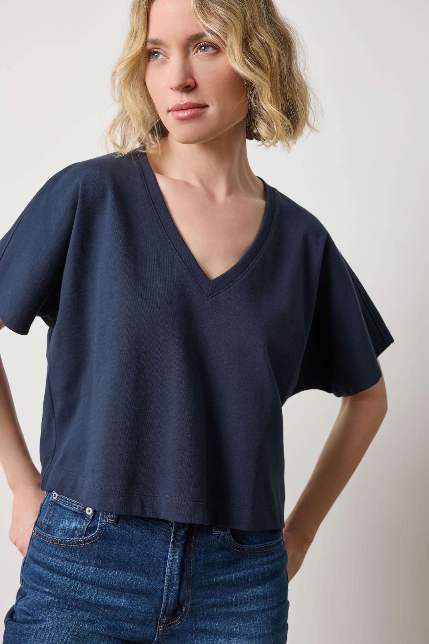 Short Sleeve V-Neck Dolman Womens Top Navy A3