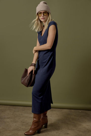 Side Tuck Maxi Dress in color Navy Image C1