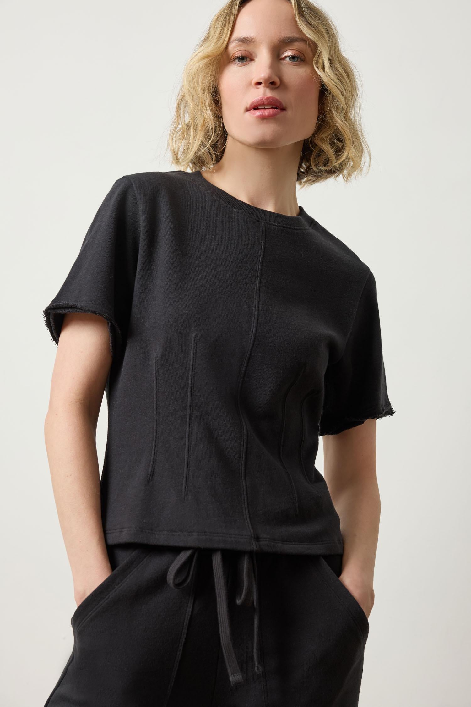 Darted Elbow Sleeve Womens Top Black A1