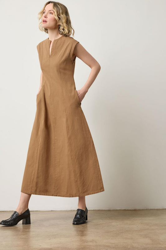 Twill Princess Seam Maxi Dress in color Pecan Image A1