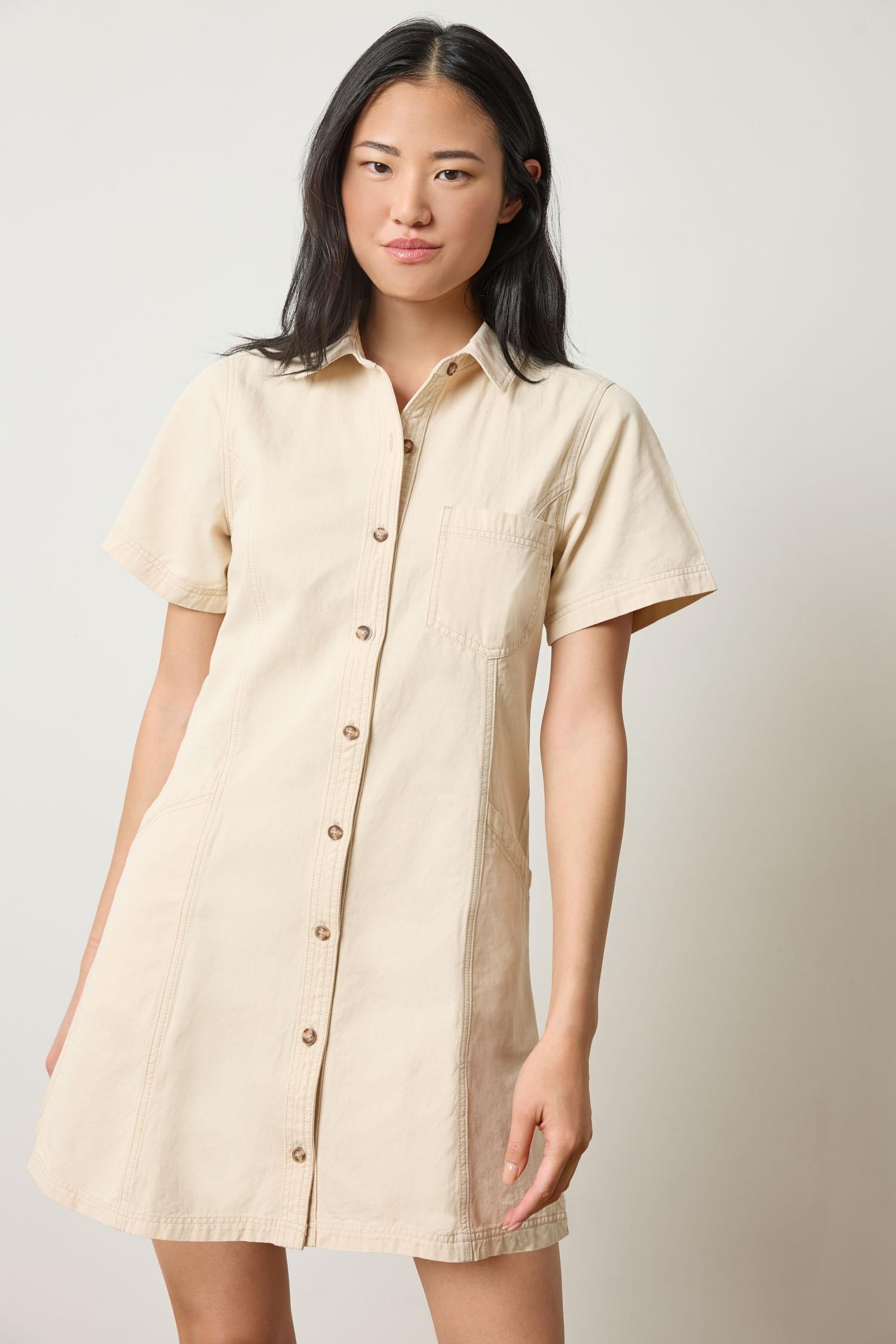 Twill Paneled Shirt Dress Womens Dress Eggshell A1