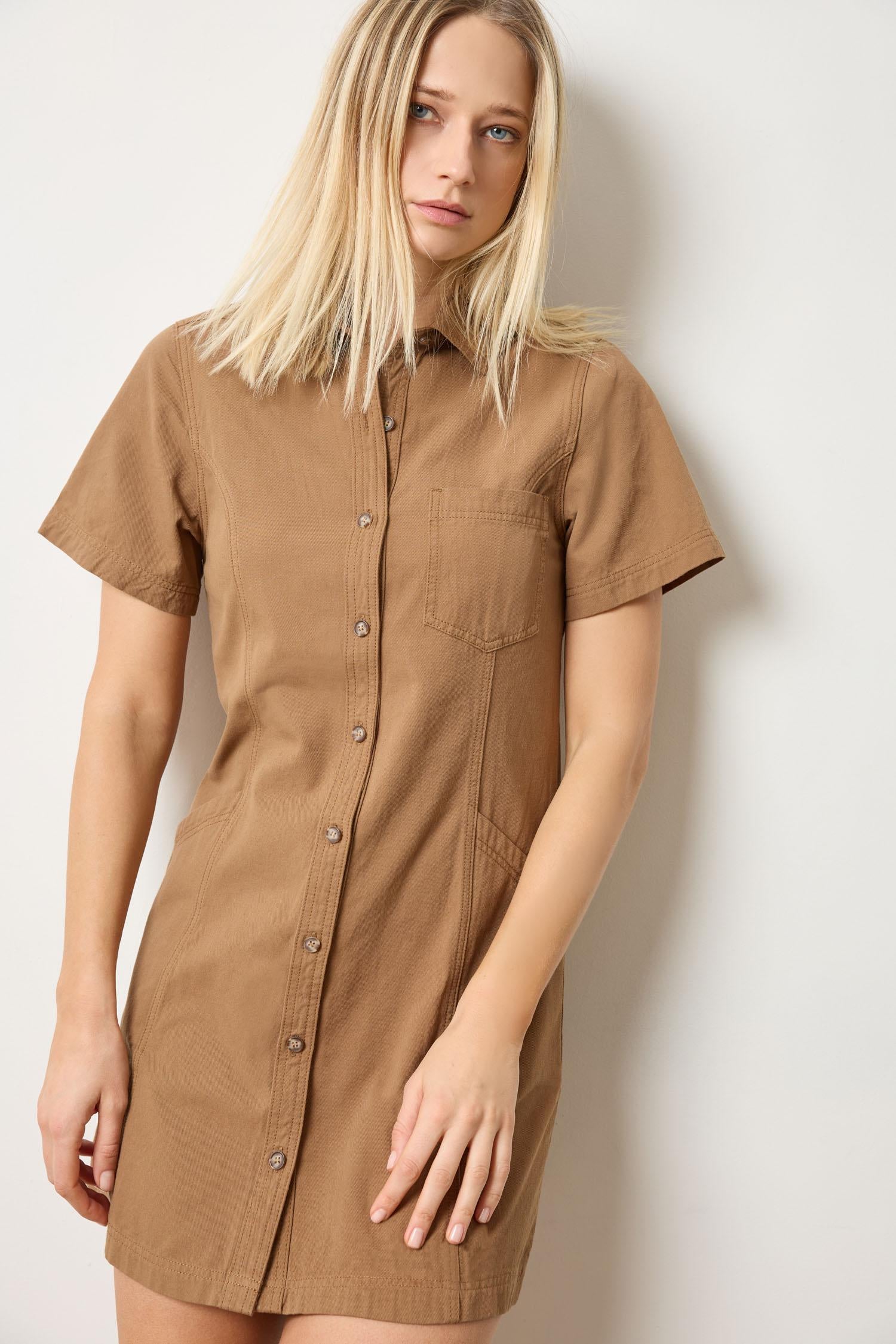 Twill Paneled Shirt Dress Womens Dress Pecan A1