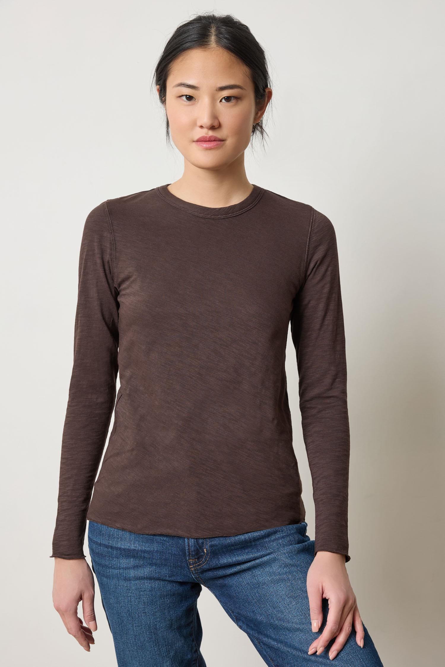 Long Sleeve Bias Crewneck in color Espresso Image A1