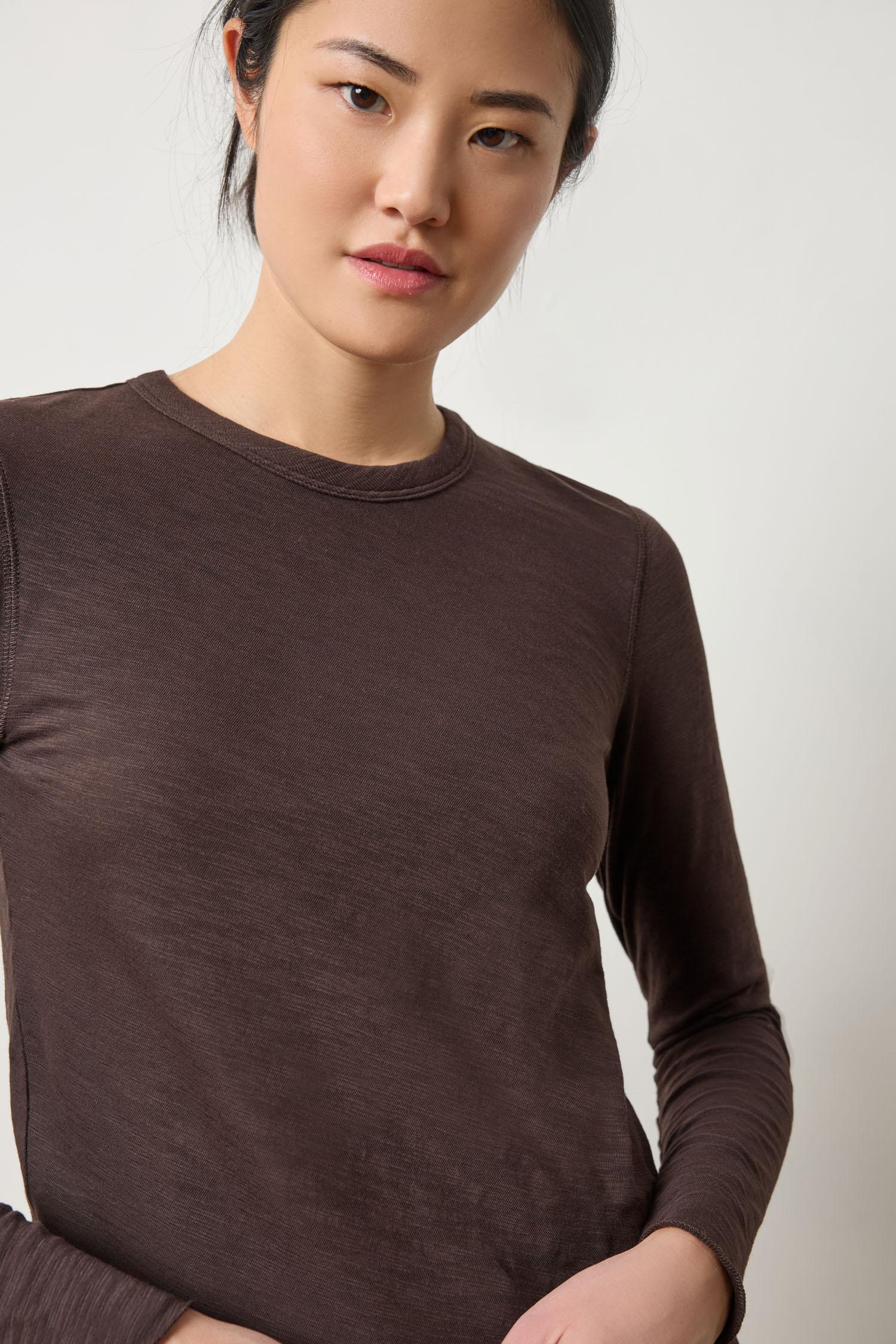 Long Sleeve Bias Crewneck in color Espresso Image A3