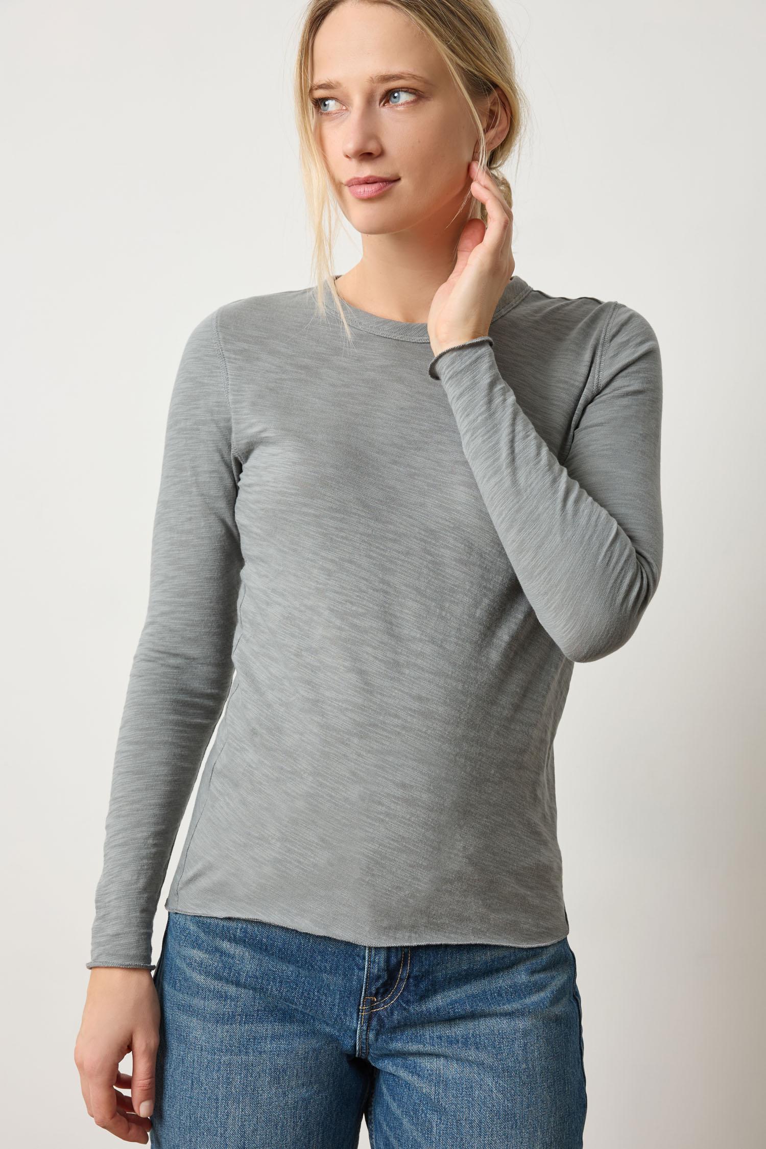 Long Sleeve Bias Crewneck in color Gravel Image A1