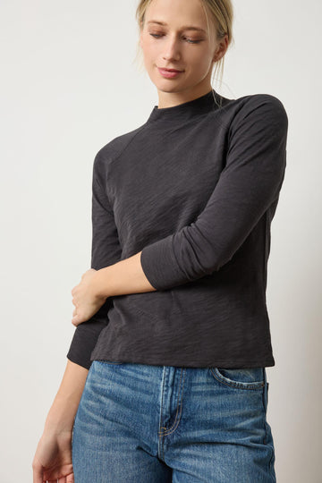 Raglan Mock Neck Womens Top Black A1