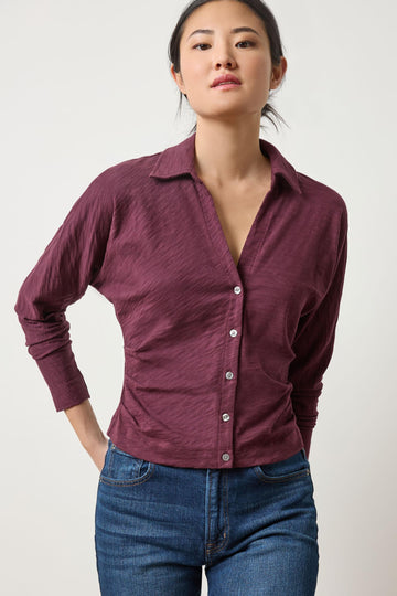 Side Pleat Button Down in color Merlot Image A1