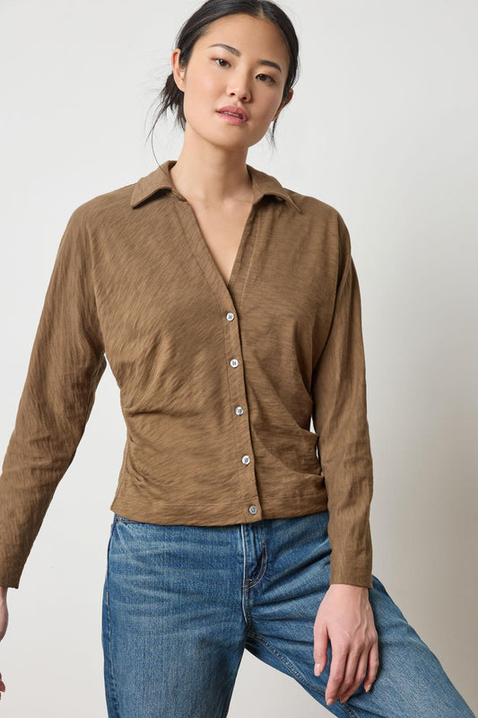 Side Pleat Button Down in color Truffle Image A1