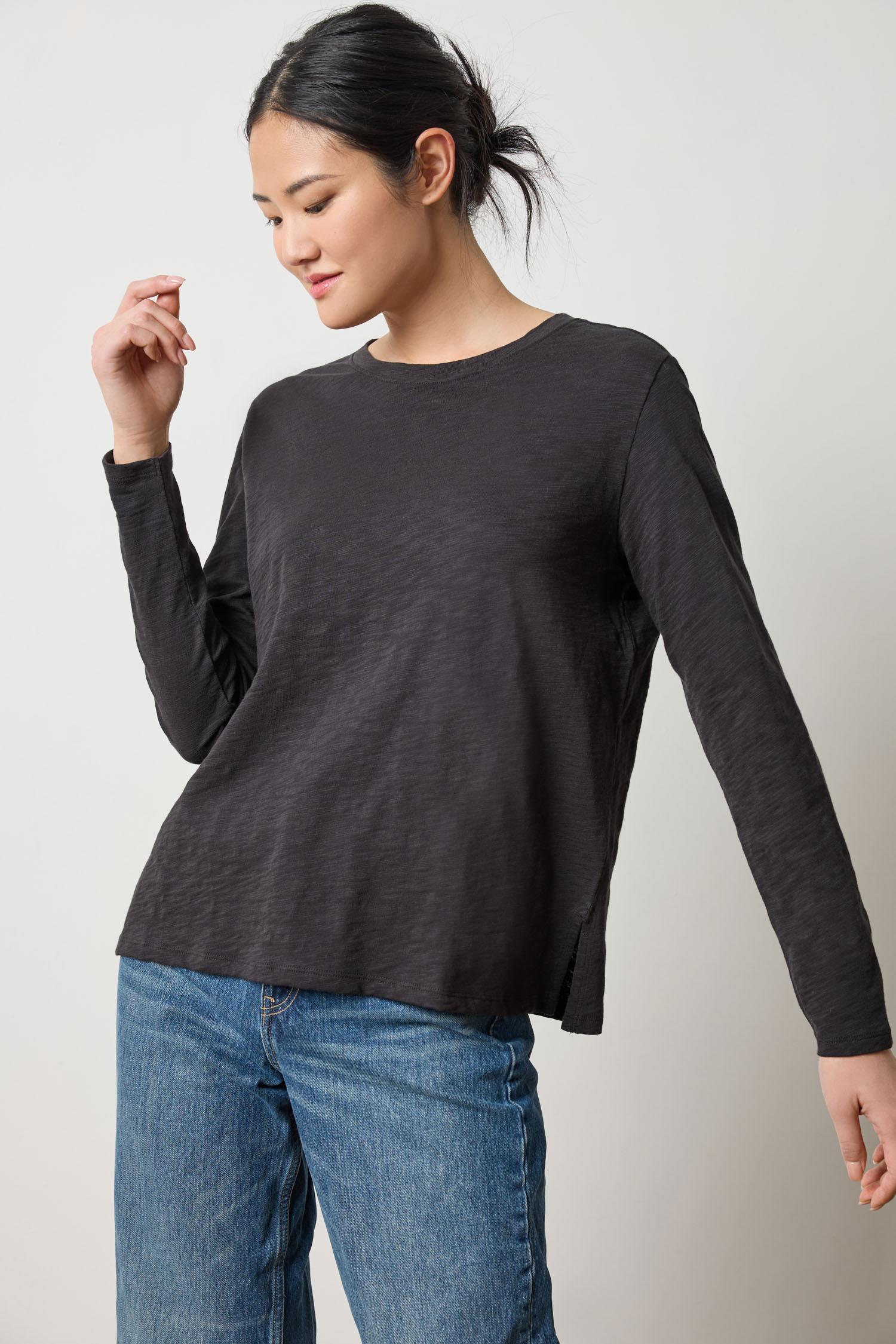 Long Sleeve Boyfriend Tee Womens Top Black A1