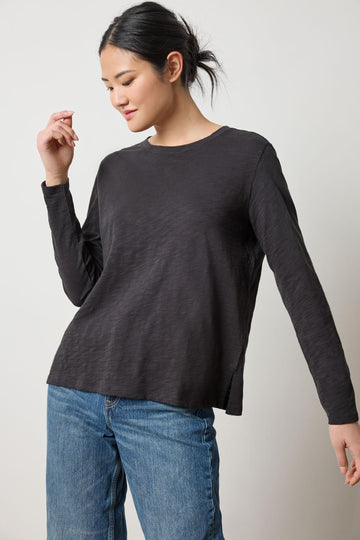 Long Sleeve Boyfriend Tee Womens Top Black A1