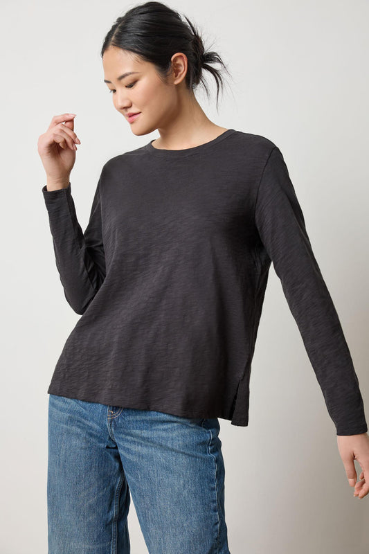 Long Sleeve Boyfriend Tee Womens Top Black A1