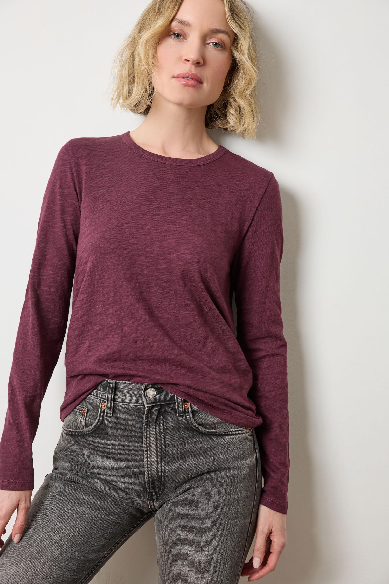 Long Sleeve Crewneck Womens Top Merlot A1