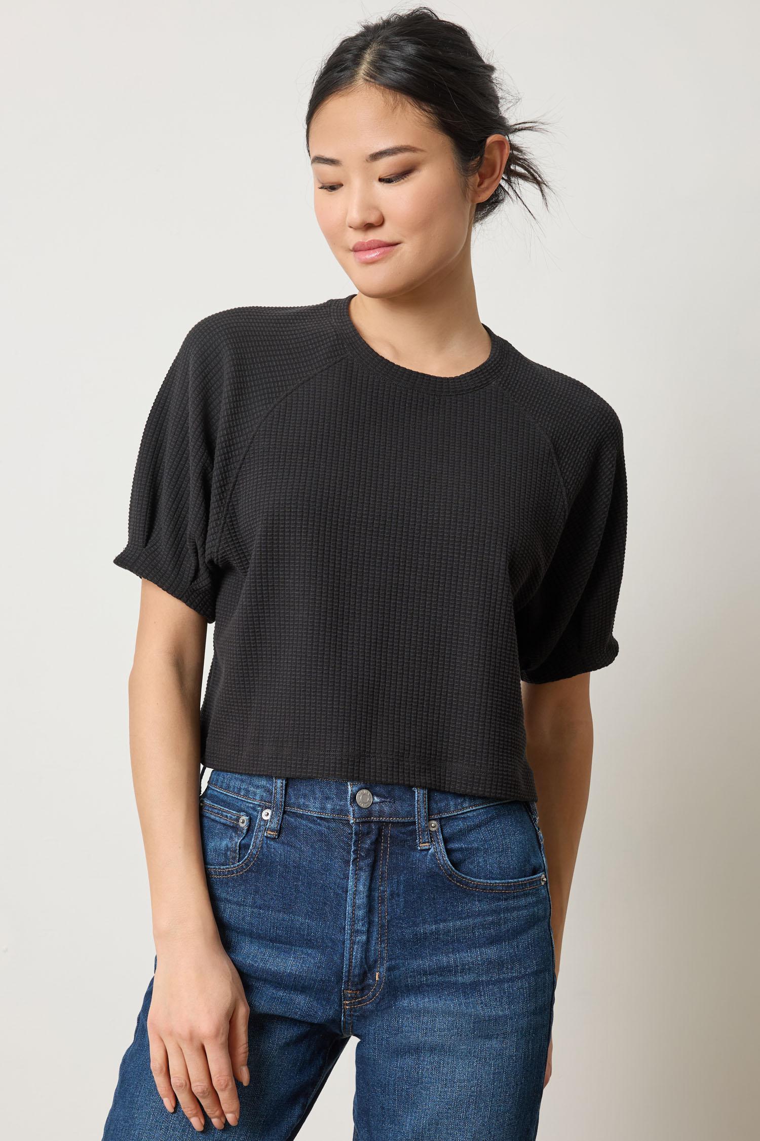 Pleated Sleeve Top Womens Top Black A1