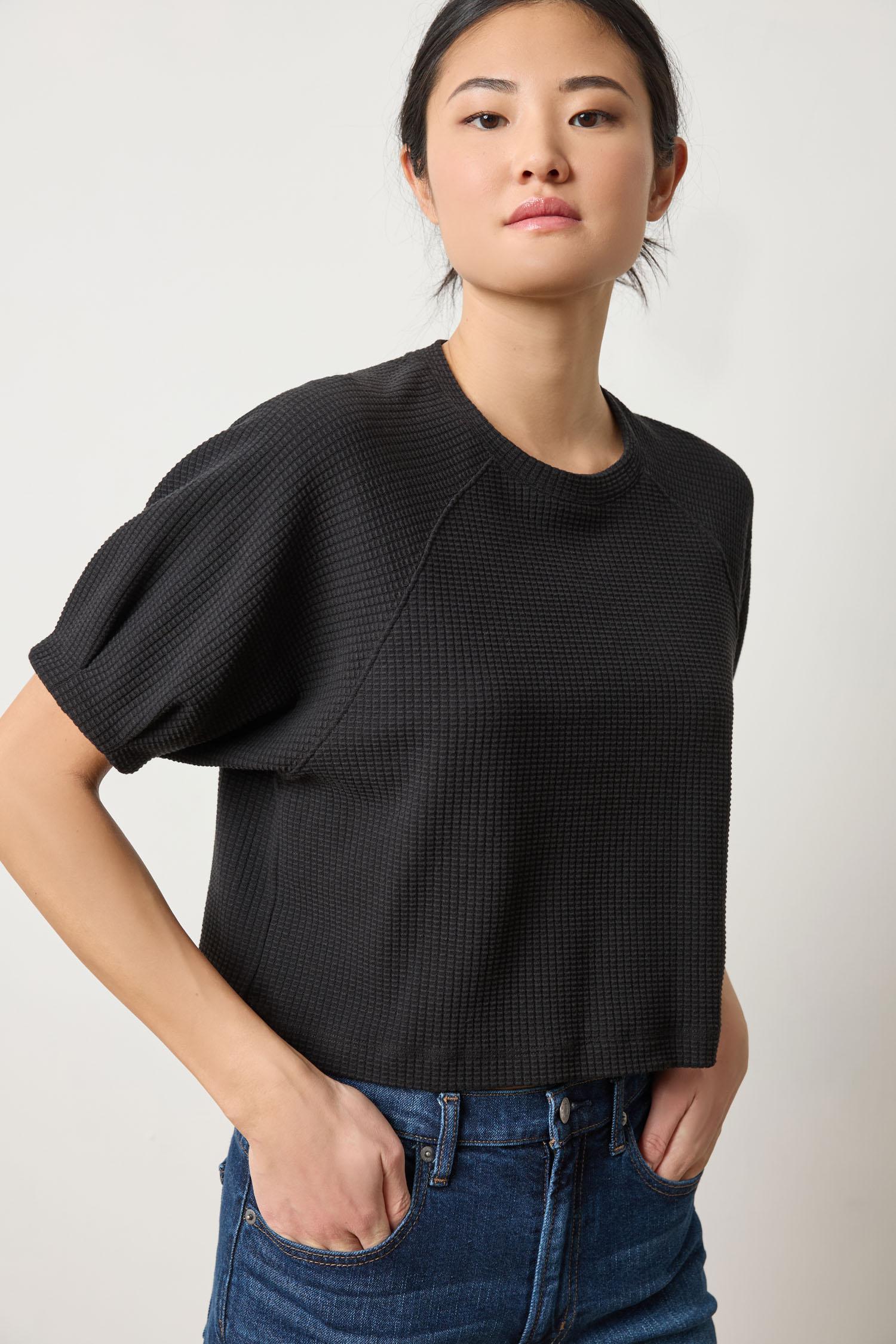 Pleated Sleeve Top Womens Top Black A3