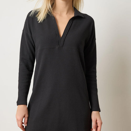 Split Neck Collared Dress Womens Dress Black A1