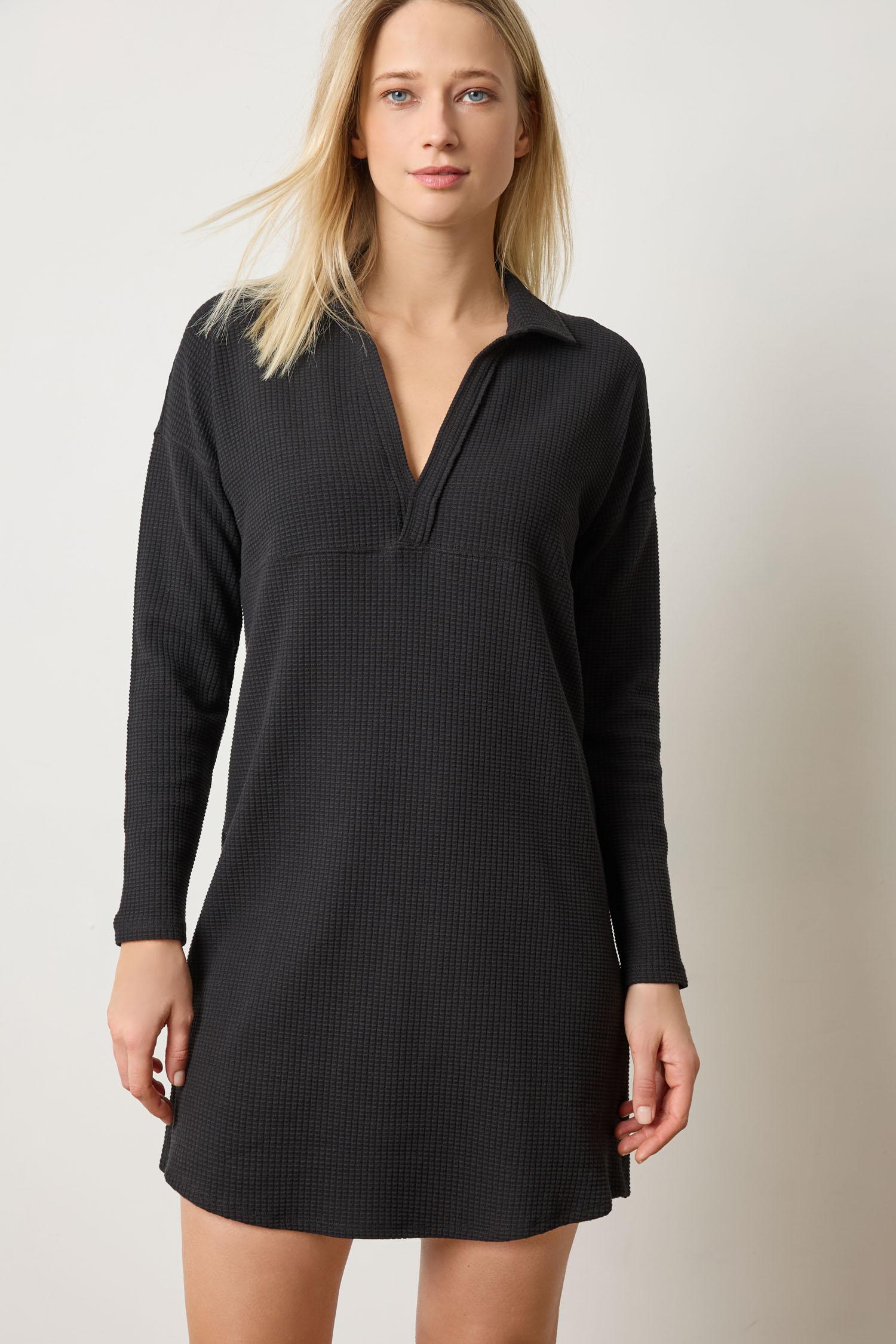 Split Neck Collared Dress Womens Dress Black A1