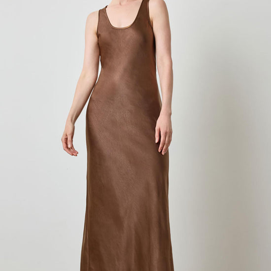 Satin Bias Maxi Dress in color Chocolate Image A1