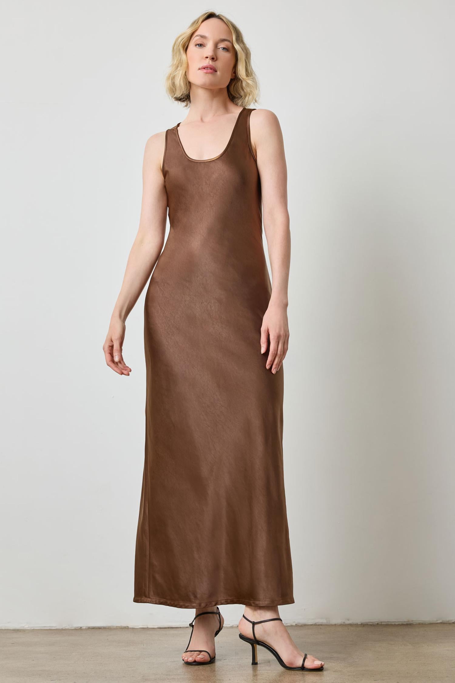 Satin Bias Maxi Dress in color Chocolate Image A1