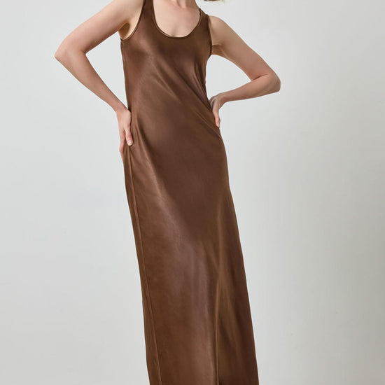 Satin Bias Maxi Dress in color Chocolate Image A3