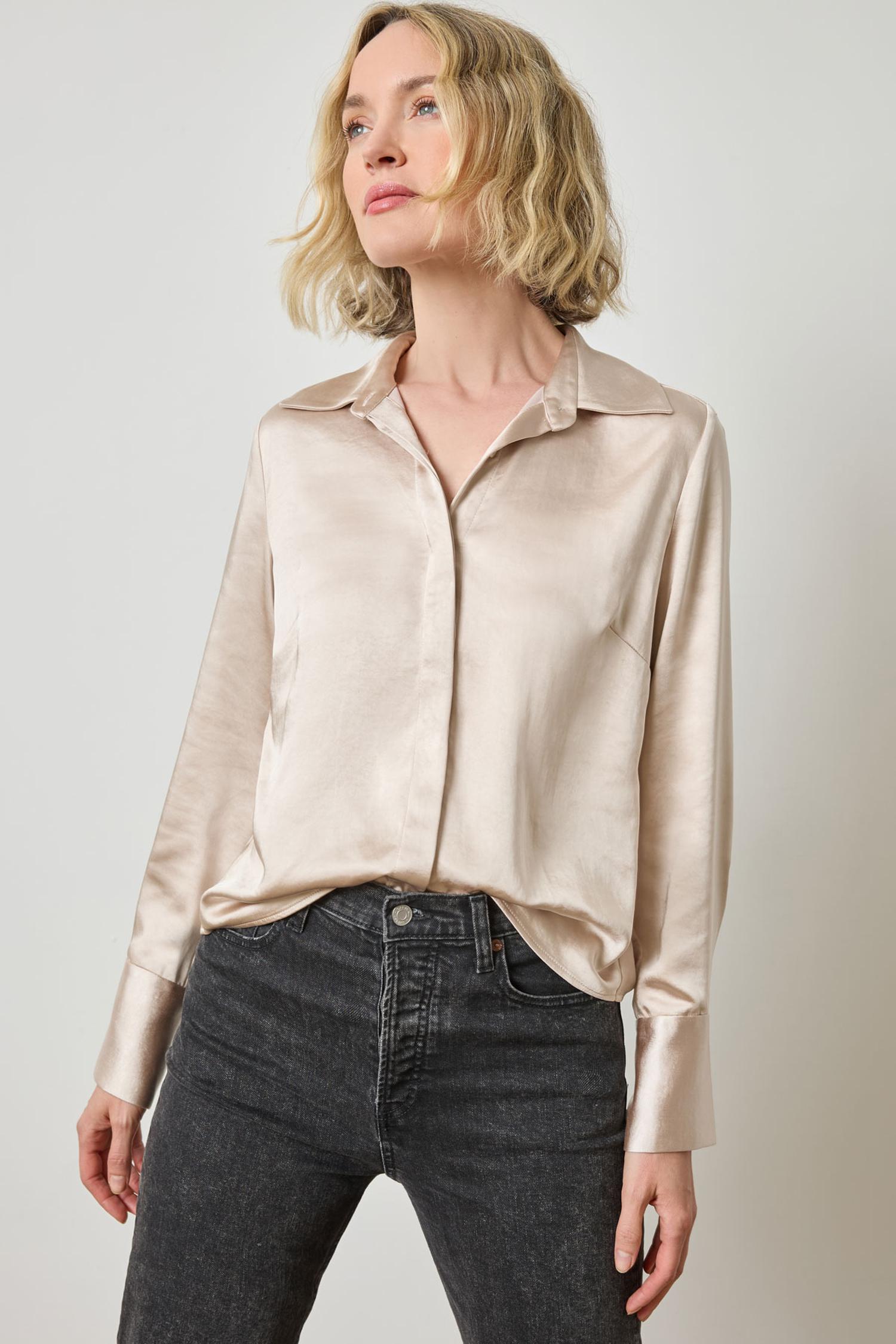 Satin Button Down in color Angora Image A1